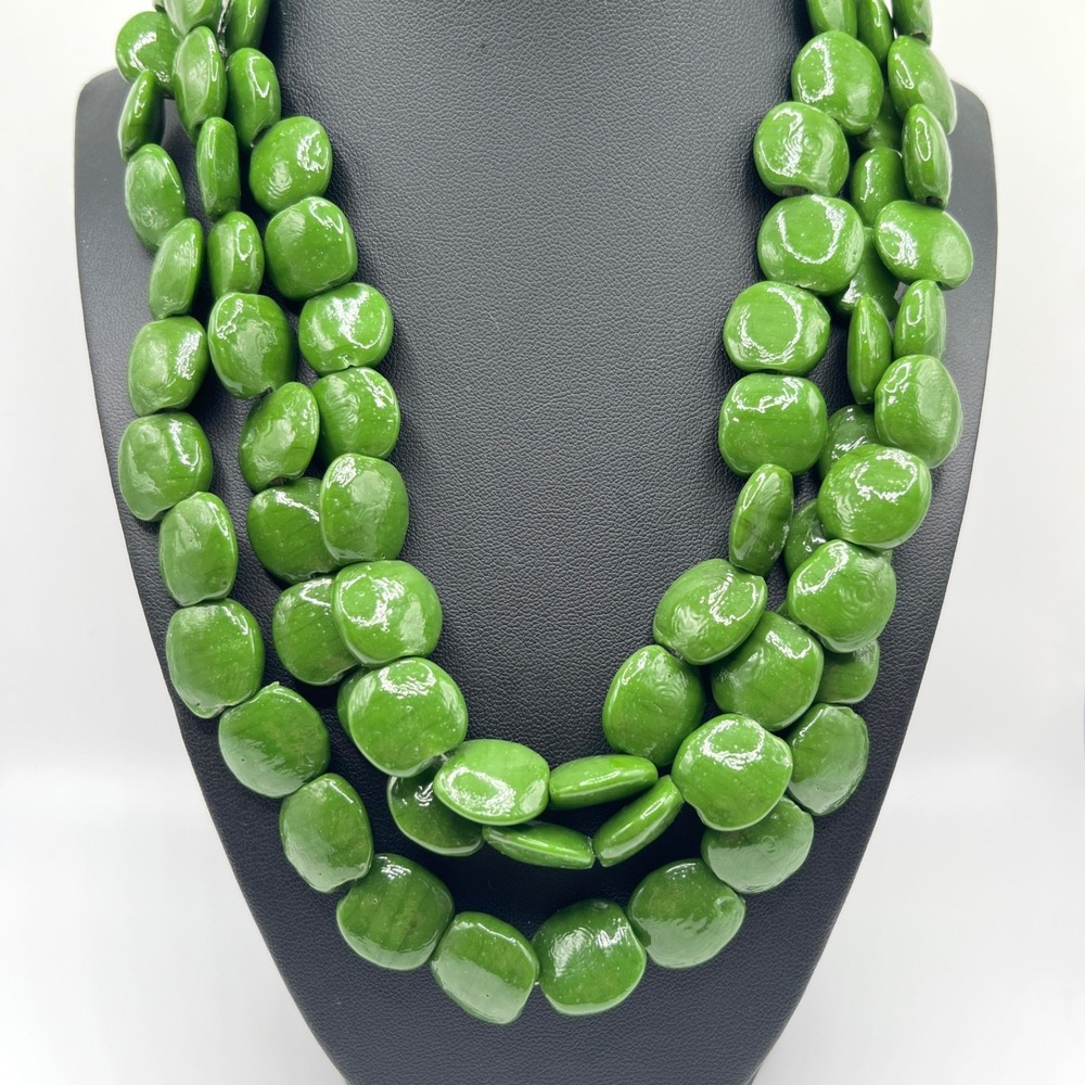 Necklace Beaded Chunky Green Ceramic Beads Statement Triple Strand Heavy 16.5"